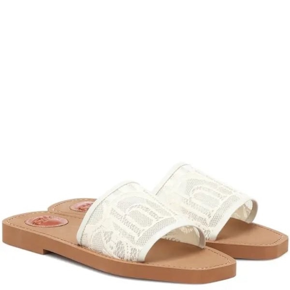 Chloe Woody Lace Slide Sandals Cream US 10